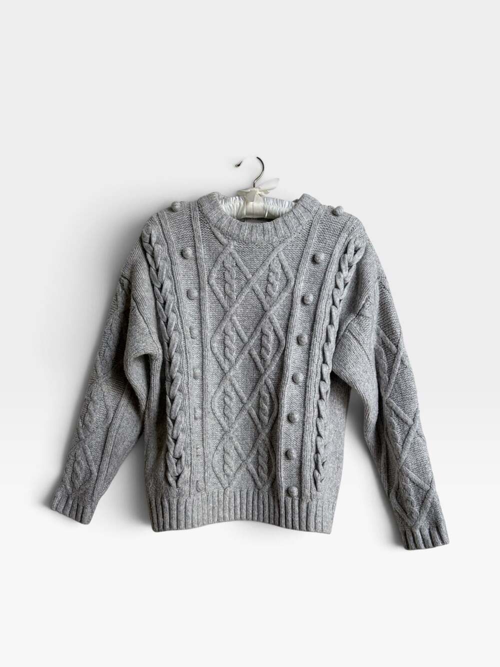 Anthropologie  Line & Dot Mila Cable Knit Pom Pom Sweater Gray XS